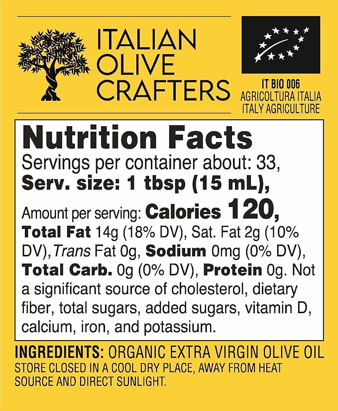 Italian Olive Crafters, Polyphenol Rich Organic Extra Virgin Olive Oil, 16.9 fl oz - Organic Olive Oil Extra Virgin Cold Pressed Glass Bottle