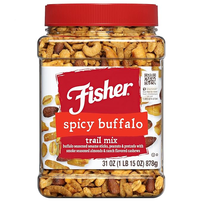 Fisher Spicy Buffalo Bulk Trail Mix, 31 oz Jar; Buffalo Seasoned Sesame Sticks, Peanuts & Pretzels with Smoked Seasoned Almonds & Ranch Flavored Cashews; Hot Spicy Snack Mix, Snacks for Adults