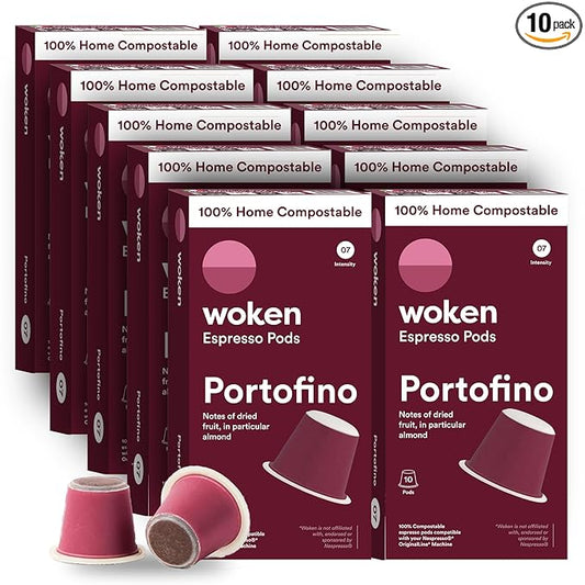 WOKEN COFFEE Compostable Nespresso Pods - Portofino Medium Roast Italian Espresso Coffee Capsules Compatible With Nespresso Coffee Machine (100 Pod Count, 10 Boxes)