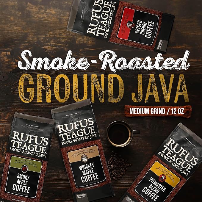 Rufus Teague Pitmaster Blend Ground Coffee, Gourmet Fresh Dark Roasted Coffee, Smoke Roasted Java, Medium Grind, 12 oz Bag, 2-Pack
