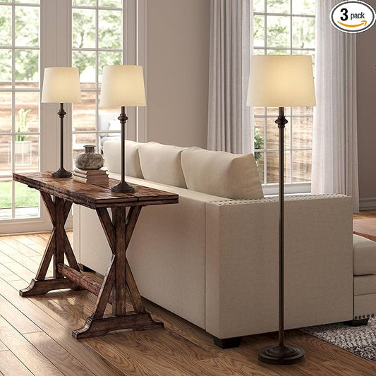 360 Lighting Carter Traditional Table 3 Piece Floor and Table Lamp Set Bronze Metal Oatmeal Drum Shade Decor for Living Room Bedroom House Bedside Nightstand Home Office Reading Family