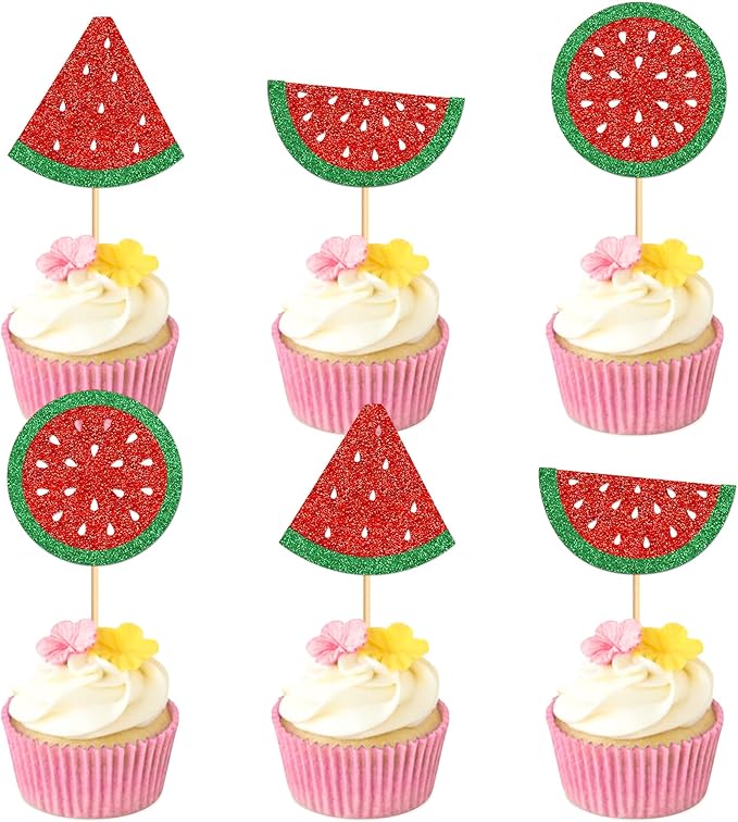 24 Pcs Watermelon Cupcake Toppers Glitter Tropical Summers Kids Happy Birthday Cake Toppers Picks Watermelon Baby Shower Cake Decorations