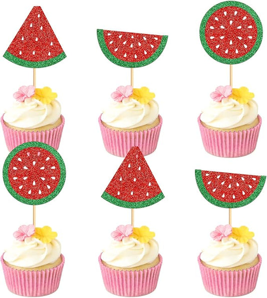 24 Pcs Watermelon Cupcake Toppers Glitter Tropical Summers Kids Happy Birthday Cake Toppers Picks Watermelon Baby Shower Cake Decorations
