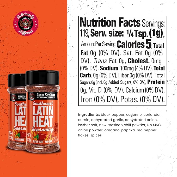 Sauce Goddess Southwest Latin Heat Shaker (2-Pack) - BBQ Rub with Tons of Cumin and Oregano Flavor, Cayenne, and New Mexican Red Chiles. No Sugar, Low in Sodium, Gluten-Free