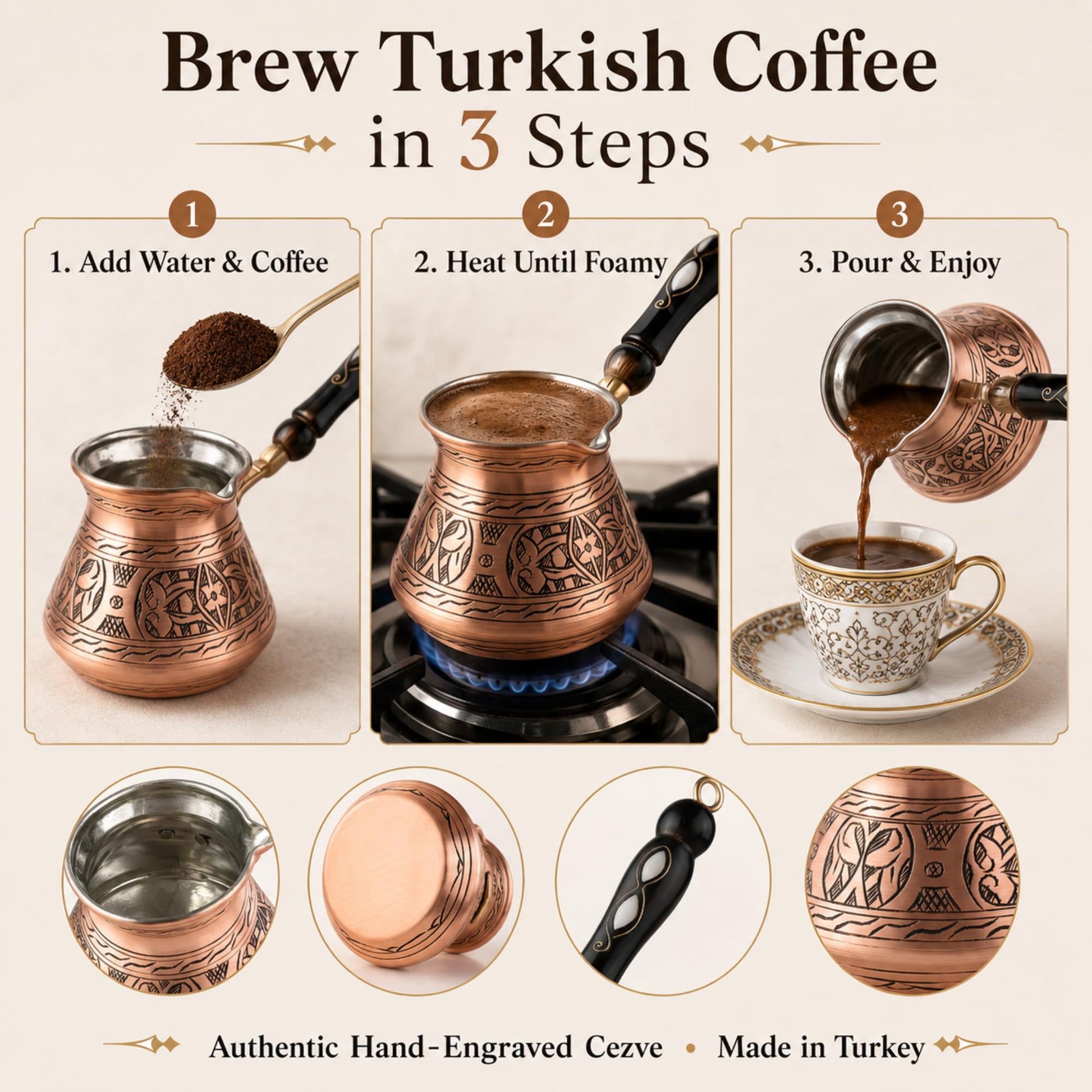 BCS 12 oz Handmade Copper Turkish Coffee Pot, Hand-Engraved Cezve & Spoon