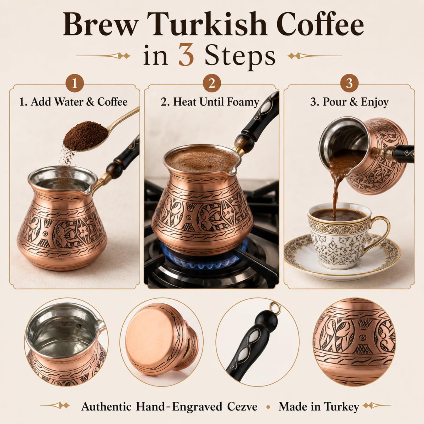 BCS 18 oz Handmade Copper Turkish Coffee Pot, Hand-Engraved Cezve & Spoon