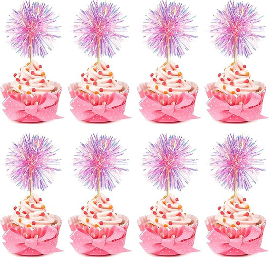 30PCS Foil Firework Cupcake Toppers, Happy Birthday Pink Cake Toppers, Sparkle Tinsel Flower Drink Stirrers Cocktail Food Fruit Toothpicks for Xmas Party Birthday Wedding Ceremony