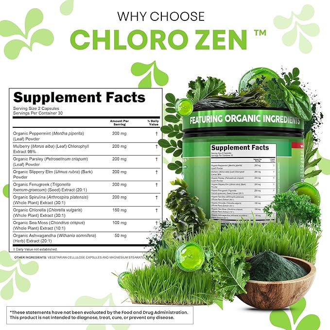 Clean Nutra Chlorophyll Peppermint Slippery Elm Spirulina Chlorella Fenugreek Ashwagandha Sea Moss Supplement ??Ph Balance for Women Detox Internal Deodorant Supplements + Prebiotics 60 Vegan Capsules