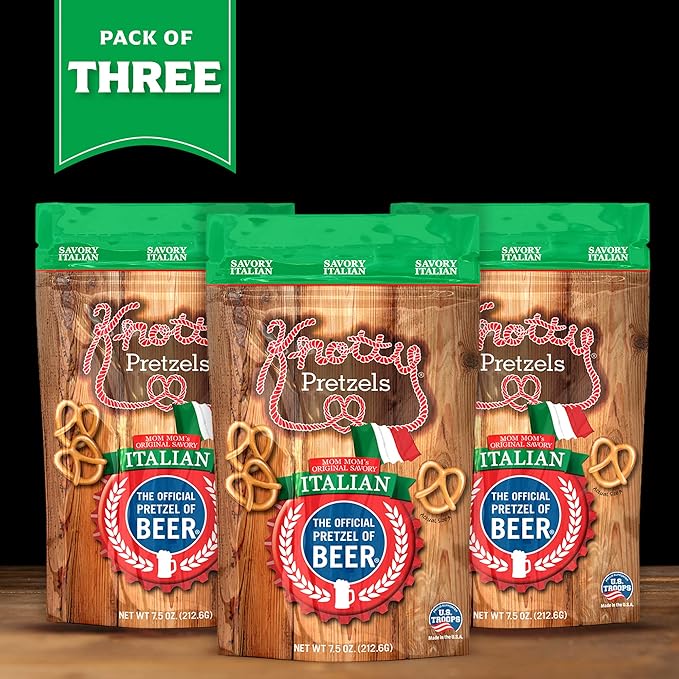 Knotty Pretzels ?쏷he Official Pretzel of Beer??7.5 oz Individual Seasoned Pretzels in Resealable Pretzel Snack Bags, The Perfect Pairing for Beer, Savory Italian Flavor (3-Pack)