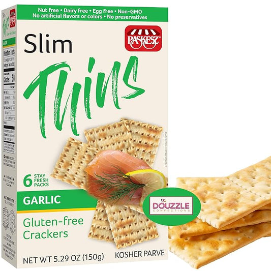 DOUzzle Gluten Free Flatbread Crackers, Slim Thins Garlic Flavor (6 Stay Fresh Packs - Pack of 1) Non Gebrokts Kosher for Passover Snack Food - Non GMO, Nut Free, Dairy Free, Egg Free