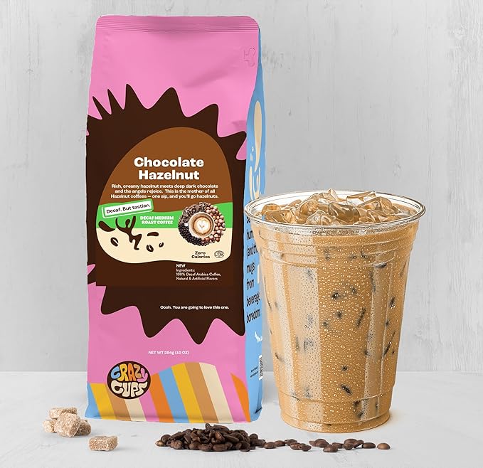 Crazy Cups Flavored Decaf Ground coffee, Hazelnut Coffee Flavored Ground Coffee, Decaffeinated Coffee For Brewing Decaf Coffee Ground Hot or Iced 10 oz Bags 3 Count Value Pack