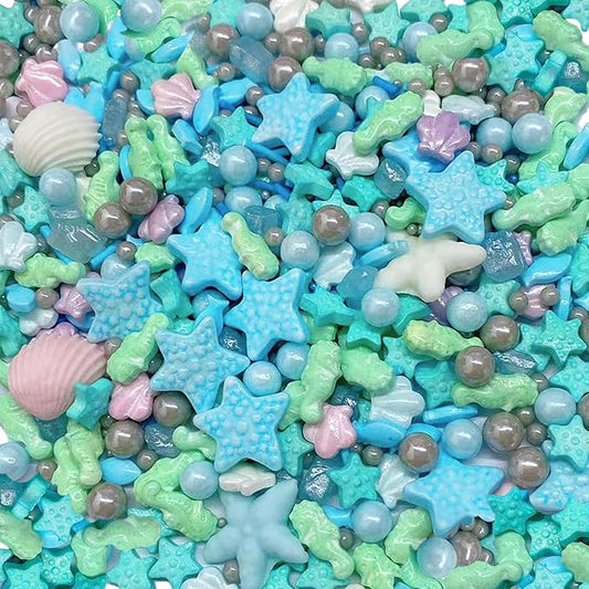 Sentovac Ocean Sprinkle Edible Cake Decorating Hippocampi Starfish Shell Fish Pearl Candy Mix Blue Sprinkle for Cake Cupcake Topper Cookie Baking Decorations Sea Theme Party Birthday Supplies