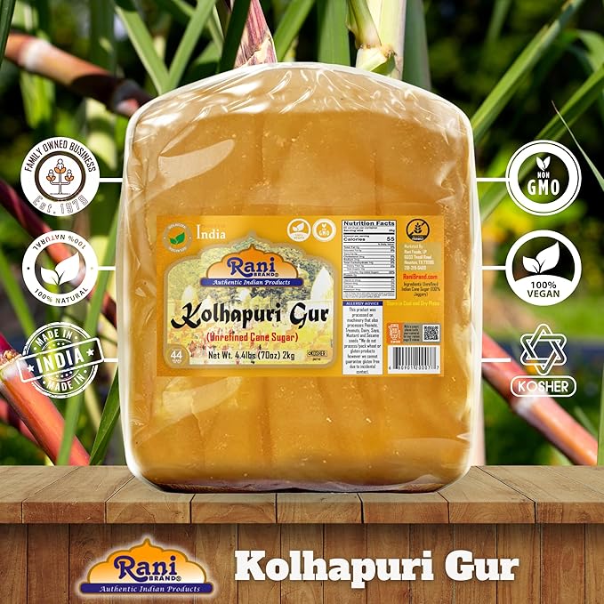 Rani Kolhapuri Gur (Jaggery) 70oz (4.4lbs) 2kg ~ Unrefined Cane Sugar, No Color added, Gluten Friendly | Vegan | NON-GMO | Kosher | No Salt or fillers