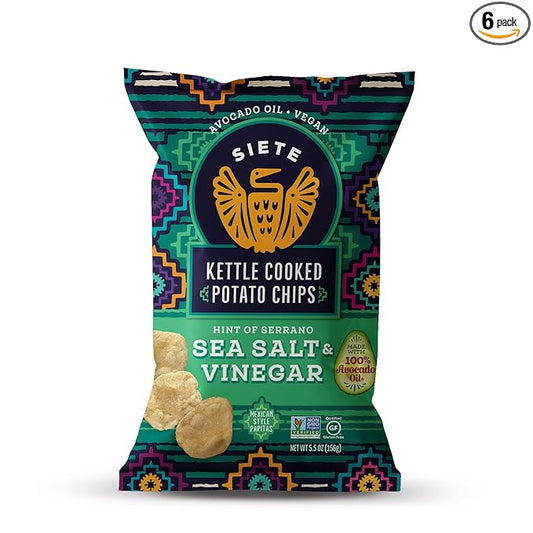 Siete Grain Free Potato Chips | Kettle Cooked | Gluten Free Chips | Vegan Snacks | Non GMO | Sea Salt & Vinegar, 5.5 Ounce (Pack of 6)