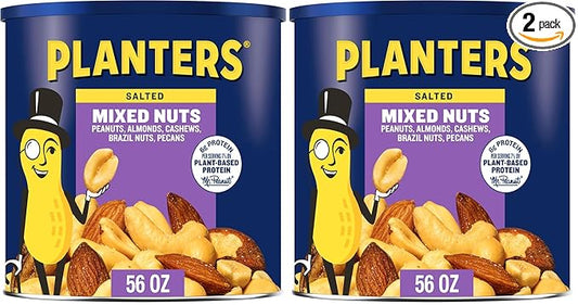 PLANTERS Salted Mixed Nuts, Party Snacks, Plant-Based Protein 56oz (1 Canister) (Pack of 2)