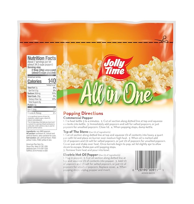 JOLLY TIME All in One Popcorn Kit with Sunflower Oil, Portion Packets with Kernels, Sunflower Oil and Salt for Movie Theater or Air Popper Machines (24 pack, 6oz Kettle)