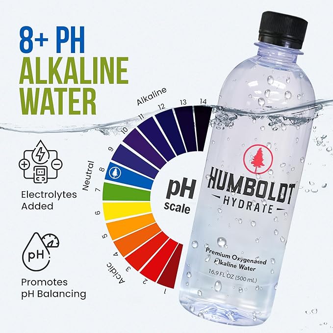Humboldt Hydrate Bottled Alkaline Water - Infused with Electrolytes ??Ionized Case of Water 99.9% Pure - 8+ pH water for Smooth Clean Taste 16.9 FL OZ - BPA Free Bottled Water 12 Pack (500 ML)
