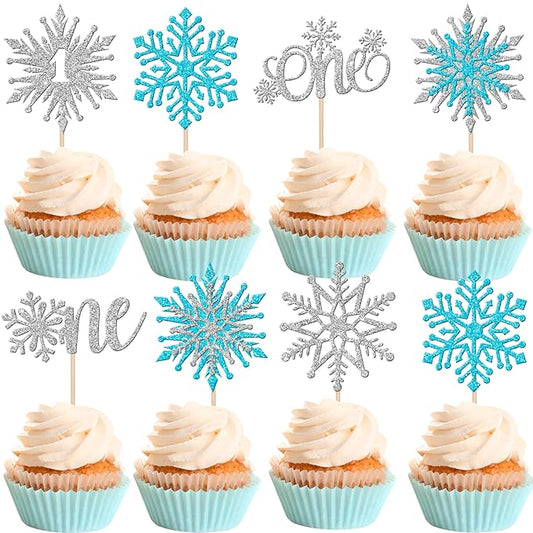 28 PCS One Snowflake Cupcake Toppers Glitter Winter Snowflake 1st Birthday Cupcake Picks First Birthday Snowflake Cake Decorations for Winter Wonderland Theme Baby Shower 1st Birthday Party Supplies