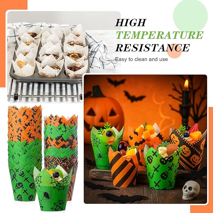 500 Counts Halloween Tulip Cupcake Liners Baking Paper Cups Wrappers Birthday Party Muffin Cupcake Baking Liners Grease Proof Cake Liner Holders for Halloween Party Supplies(Pumpkin)