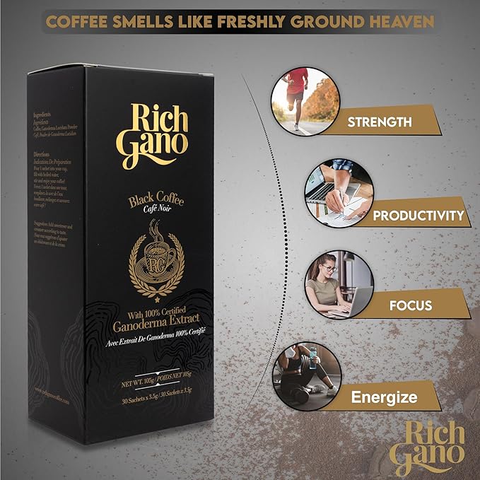 Rich Gano Reishi Mushroom Coffee – (12 Boxes of 30 Sachets) Black Coffee with Ganoderma Extract – All Natural Vegan Friendly Instant Coffee Packets – Zero Jitters Energize Ganoderma