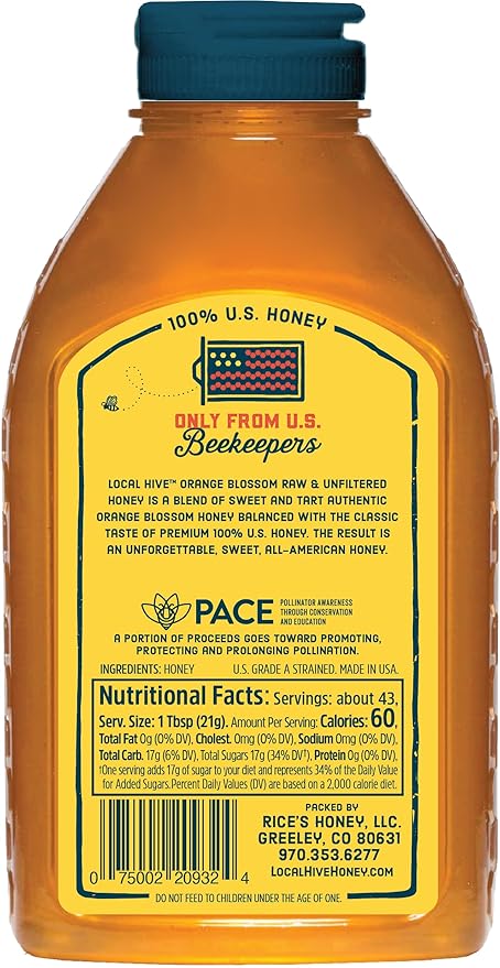 Local Hive Orange Blossom Raw Unfiltered Honey – 32oz, 100% Pure US Honey, Sourced from American Bees and Beekeepers, Natural Sweetener, Floral Flavor, Ideal for Tea, Baking, and Cooking