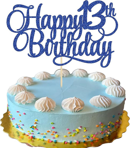 1 Pack Happy 13th Birthday Cake Topper Glitter Number 13 Thirteen Years Old Birthday Cake Pick Decoration for 13th Birthday Celebrating Anniversary Party Supplies Blue
