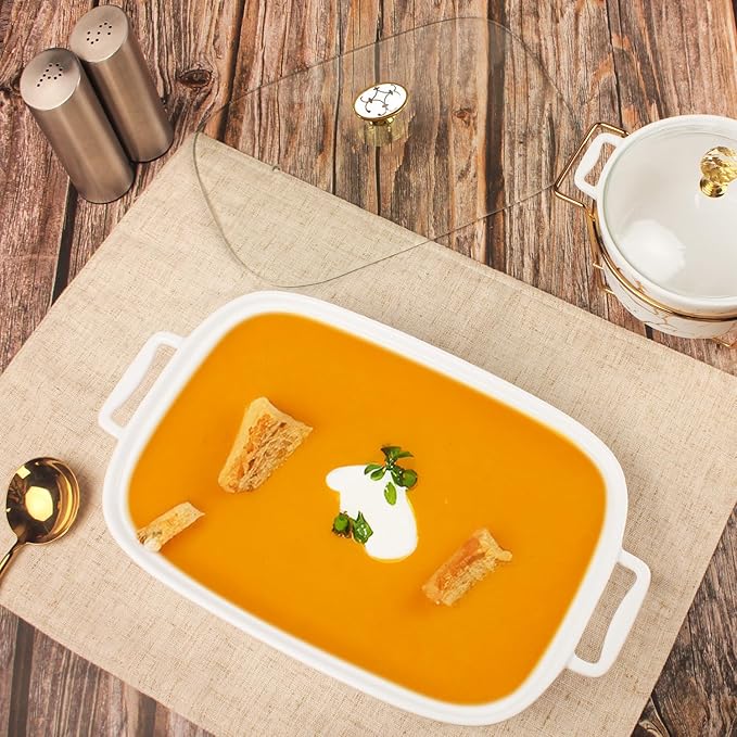 10" x 7" Ceramic Rectangular Casserole Dish with Glass Lid, 1.3 Quart White Serving Soup Tureen,Chafing Dish for Buffet, Family Food preserve Tray, Catering Casserole for Party Style