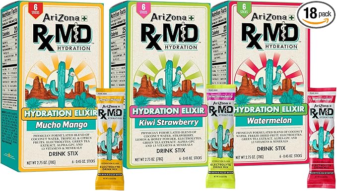 AriZona Rx MD Hydration Stix Variety Bundle, 6 Stix per Flavor - Watermelon + Mucho Mango + Kiwi Strawberry, Drink Mix - 920mg of Electrolytes - 0.45 oz Powder Sticks (Pack of 18)