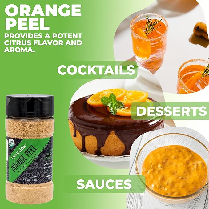 FreshJax Organic Orange Peel Powder ??4.5 oz Dried Orange Zest, Non-GMO, Gluten-Free, Keto, Paleo ??No Preservatives ??Ideal for Baking, Cooking, Smoothies, Marinades & Seasoning