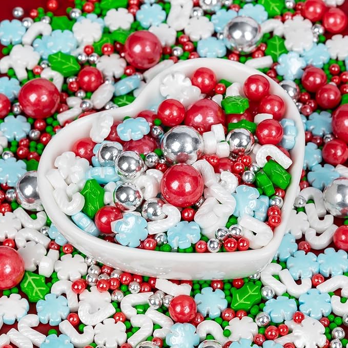 Edible Christmas Sprinkles for Cake Decorating,130gWhite and Blue Snowflake,White Candy Cane,Red Silver Pearls,Christmas Trees,Sugar Holiday sprinkle for Cupcake Toppers, Cookie, Ice Cream Decorations Winter Theme Party Supplies