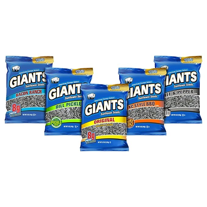 GIANTS Sunflower Seeds Variety Pack - Flavored Sunflower Seeds to Eat, Sunflower Seeds Bulk, Dill Pickle, Bacon Ranch, Salt & Pepper, Original, BBQ, High Protein Snack - 5 oz Bags (5 Pack)