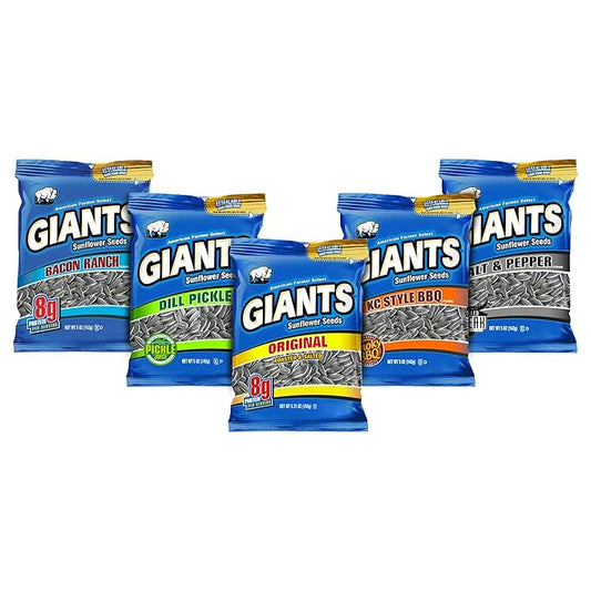 GIANTS Sunflower Seeds Variety Pack - Flavored Sunflower Seeds to Eat, Sunflower Seeds Bulk, Dill Pickle, Bacon Ranch, Salt & Pepper, Original, BBQ, High Protein Snack - 5 oz Bags (5 Pack)
