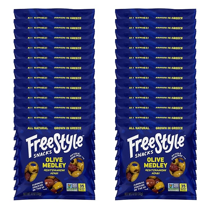 Freestyle Snacks Olive Medley Snack Packs - Single Serve - Fresh Pitted Olives, Jumbo-Sized, Grown in Greece, All Natural, Non-GMO, Paleo, Sugar-Free, Salty Snack - Mediterranean Herb, 1.1oz (24 Pack)