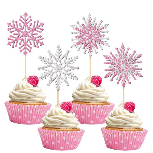 24 PCS Glitter Snowflake Cupcake Toppers Winter Frozen Theme Cupcake Picks Winter Wonderland Cake Decorations for Snowflake Theme Baby Shower Birthday Christmas Party Supplies Pink Silver