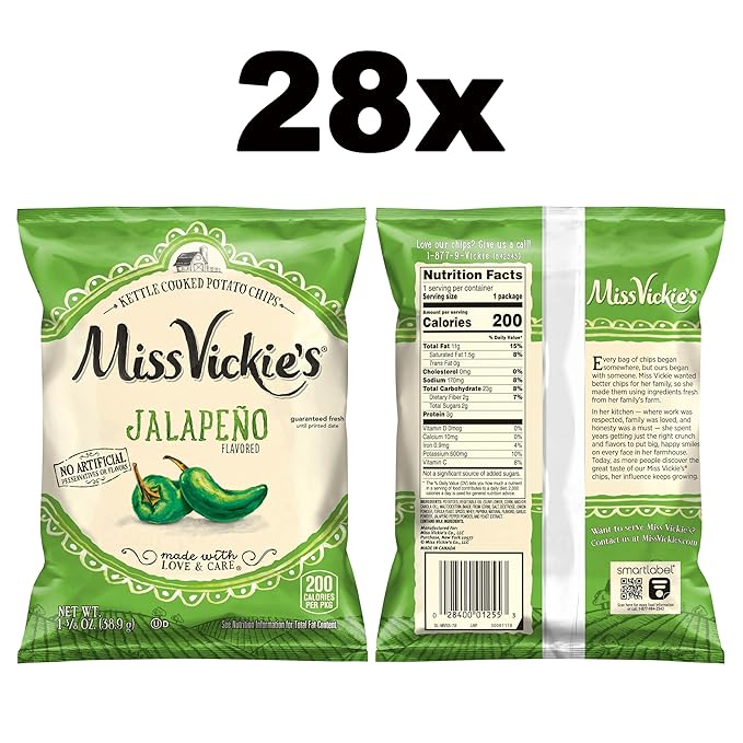 Miss Vickie's Kettle Cooked Potato Chips, Jalapeno, 1.375 Ounce (Pack of 28)