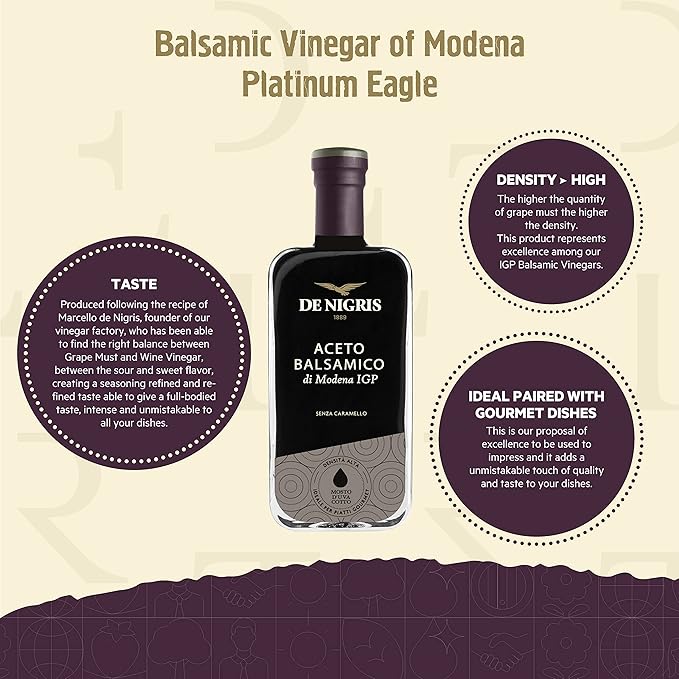 De Nigris Balsamic Vinegar Of Modena Excellence Line - Platinum Eagle (65% Grape Must) 8,5 Oz (250ml) | Balsamic Vinegar From Modena Italy, Sublime And Full-bodied Taste