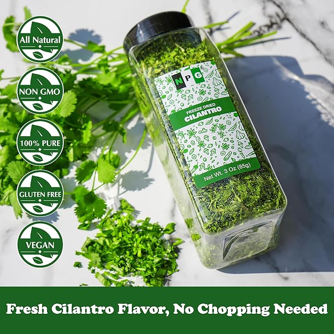 NPG Freeze-Dried Cilantro 3 Oz, Fresh Dehydrated Coriander Flakes, Dhania Leaves, Lime Seasoning, Mexican Spices, Perfect for Cooking, Soups, Salsas, and Garnish