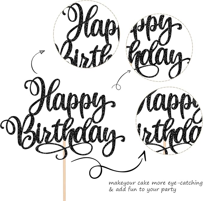 ZHUOWEISM 1 PCS Happy Birthday Cake Topper Glitter Happy Birthday Cake Pick Bunting Decor for Anniversary Celebrating Happy Birthday Party Cake Decorations Supplies Black