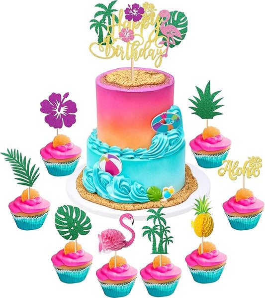 Rsstarxi 25 Pack Tropical Luau Cupcake Toppers with Happy Birthday Flamingo Cake Topper Palm Tree Flamingo Pineapple Cupcake Picks Decorations for Summer Beach Hawaiian Luau Birthday Party Decoration