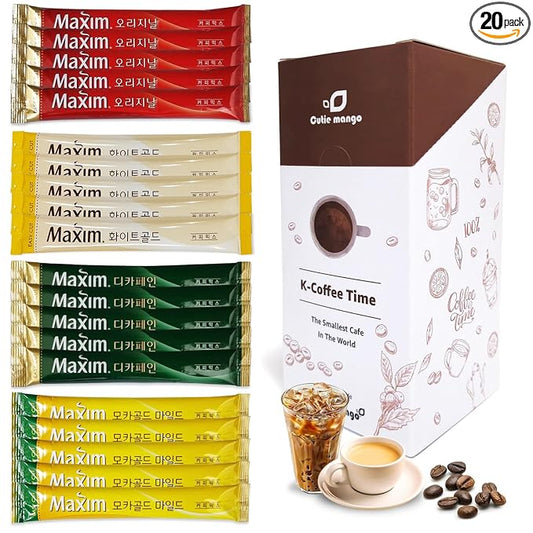 CUTIE MANGO Instant Coffee Mix Packets Single Serve - Korean Variety Coffee Sampler 20 Sticks of 4 Different Flavors, Maxim White, Mocha Gold, Original, Decaf (5 Sticks Each)