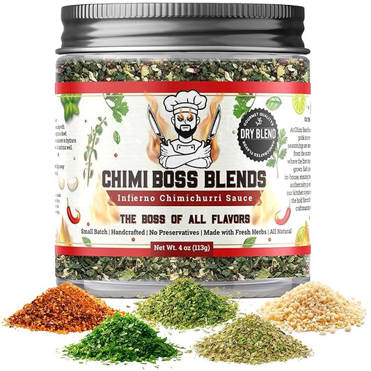 Chimi Boss Blends Infierno Chimichurri Dry Seasoning, 4 oz – Spicy Argentinian Herb & Chili Rub with Parsley, Garlic & Oregano – All Natural Dry Mix for Seasoning or DIY Sauce – Made in USA