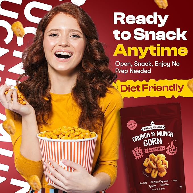 Three Amigos Corn Nuts Suger Free, 100% Vagan, Peanut Free Non-GMO (All Natural Ingredients) Guilt-Free snacking Toasted Corn Kernels in Reseable Bag - Crunchy & Munch Snack (12 OZ) (12 oz, Smooked BBQ)