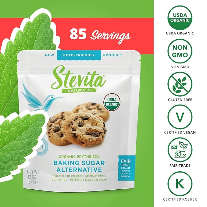 Stevita Organic Erythritol Bake-It-Better Pouch - 12 oz - Baking Sugar Alternative with Stevia & Erythritol, No Calories - USDA Organic, Non-GMO, Vegan, Keto, Paleo, Gluten Free