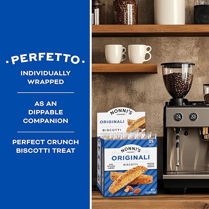 Nonni's Originali Classic Almond Biscotti Cookies ??Individually Wrapped Italian Coffee Snack, Crunchy Twice-Baked, 80 Cal Each, 17.25 oz Carton