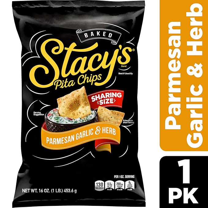 Stacy's Pita Chips, Parmesan Garlic & Herb Baked Chips, 16 Oz Snack Bag (Pack of 2)
