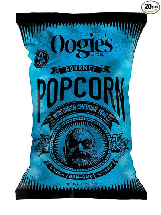 Oogie's Gourmet Popcorn | 20 Pack | Wisconsin Cheddar 1848 Flavor | Gluten Free Popcorn Snacks | 1oz Individual Bags