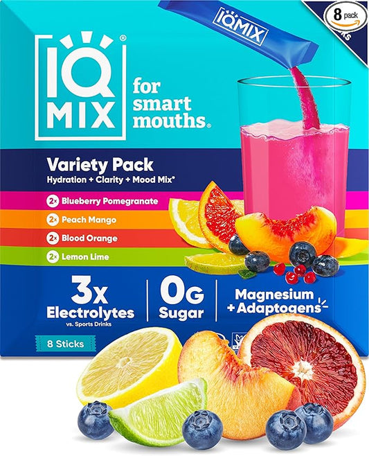 IQMIX Hydration Electrolyte Powder ??4-in-1 Formula for Hydration, Mental Clarity, Mood and Recovery ??Sugar-Free Drink Mix, Keto, Magnesium L-Threonate, Lion?™s Mane ??8 Count Sampler Pack