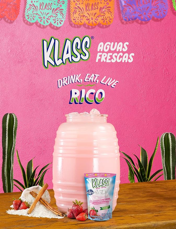 Klass Aguas Frescas | Drink Mix | Horchata & Strawberry Horchata | Flavors From Natural Sources, No Artificial Flavors, With Vitamin C (Makes 7 to 9 Quarts) 14.1 Oz Family Pack (4Pack)