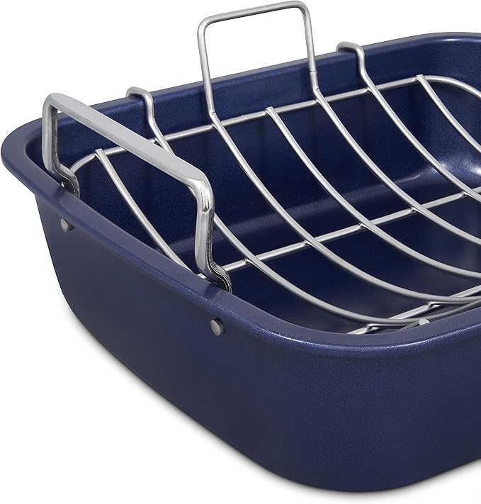 Zyliss E980206 Non-Stick Roasting Tin with Rack, Carbon Steel, Dark Blue, Roast Pan/Baking Trays for Oven/Bakeware Tray, Dishwasher Safe