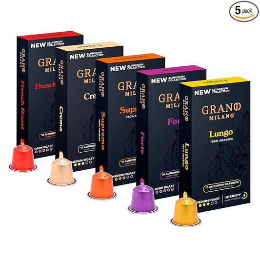 New Grano Milano Variety Pack Coffee Capsules - 50 Aluminum Coffee Pods Compatible with Nespresso Original line, Medium & Dark Roast, Made in Italy